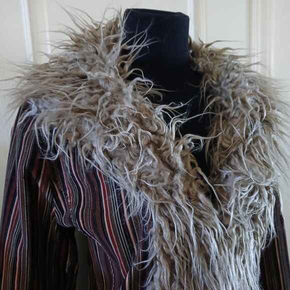 Y2K 90s Vintage Taunt Penny Lane Striped Corduroy Coat Shaggy Faux Fur Trim L - Picture 2 of 8